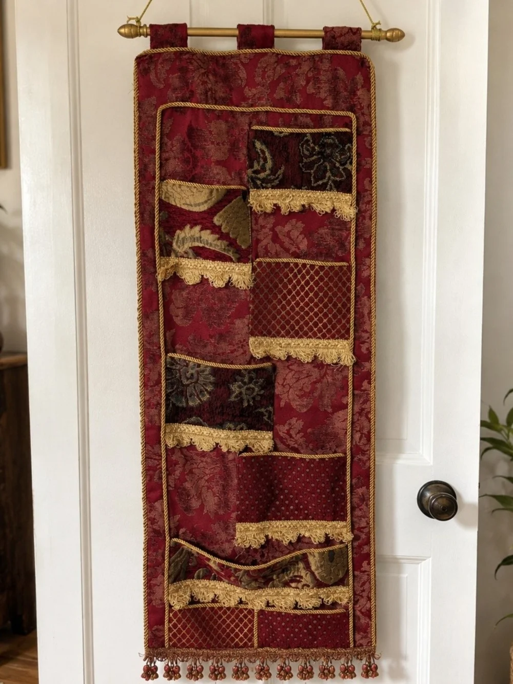 Red and Gold Fabric Wall Organizer Pocket Panel - Home Wall Decor